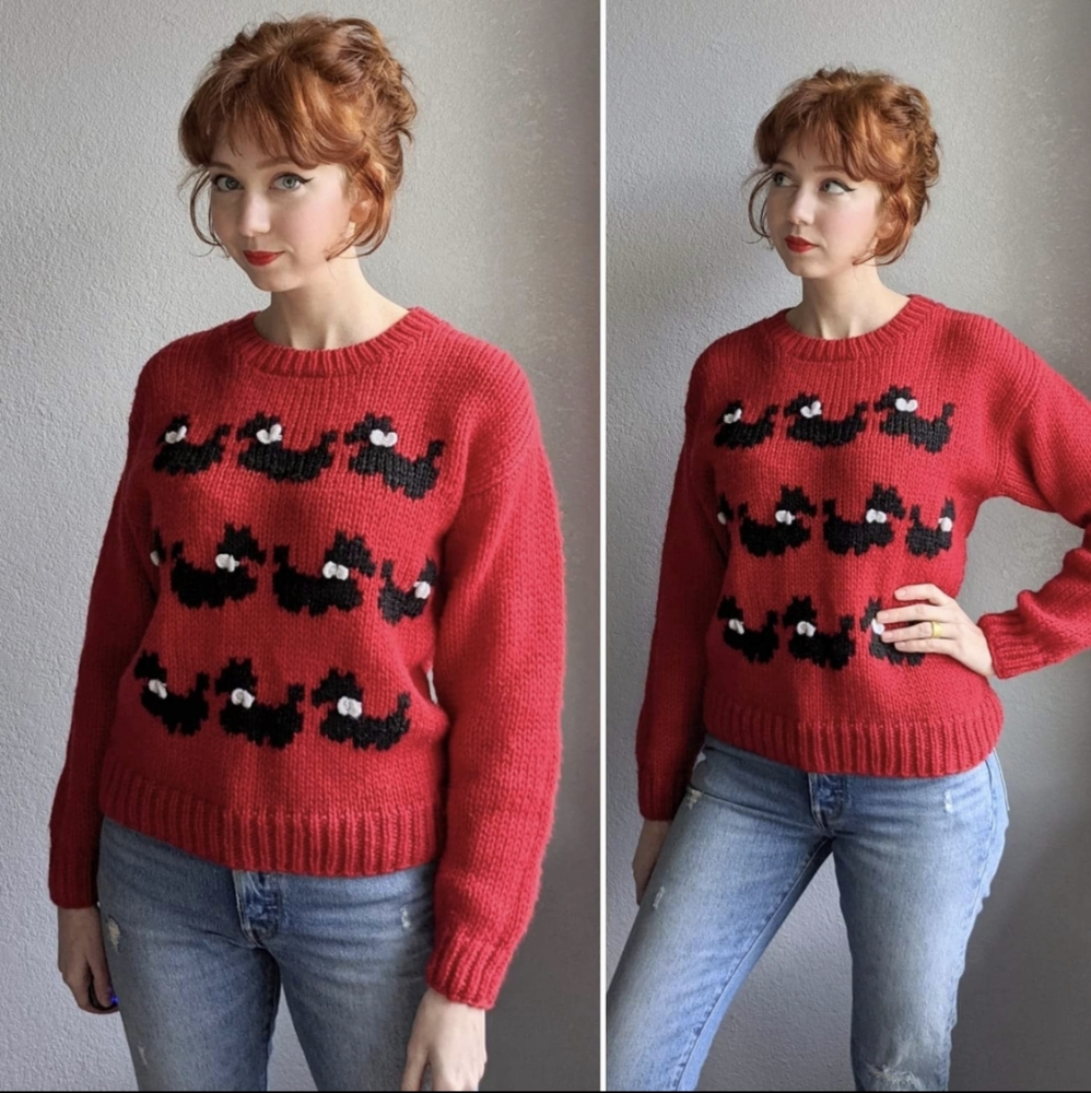 Vintage 1980s Scottie Dog Hand Knit Sweater By Evian II Size S/M/L